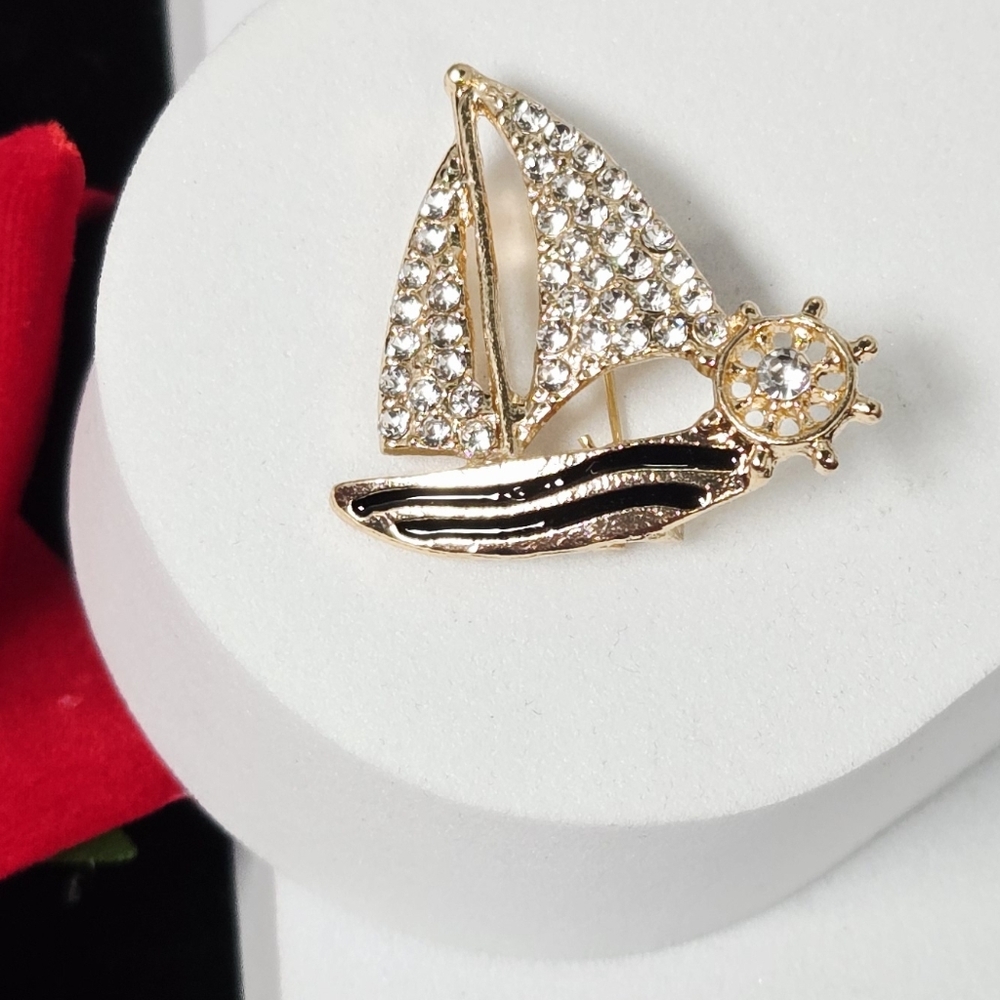 Gold Sailboat Rhinestone Brooch Nautical Sparkle Lapel Pin 1" Coastal Chic Gift